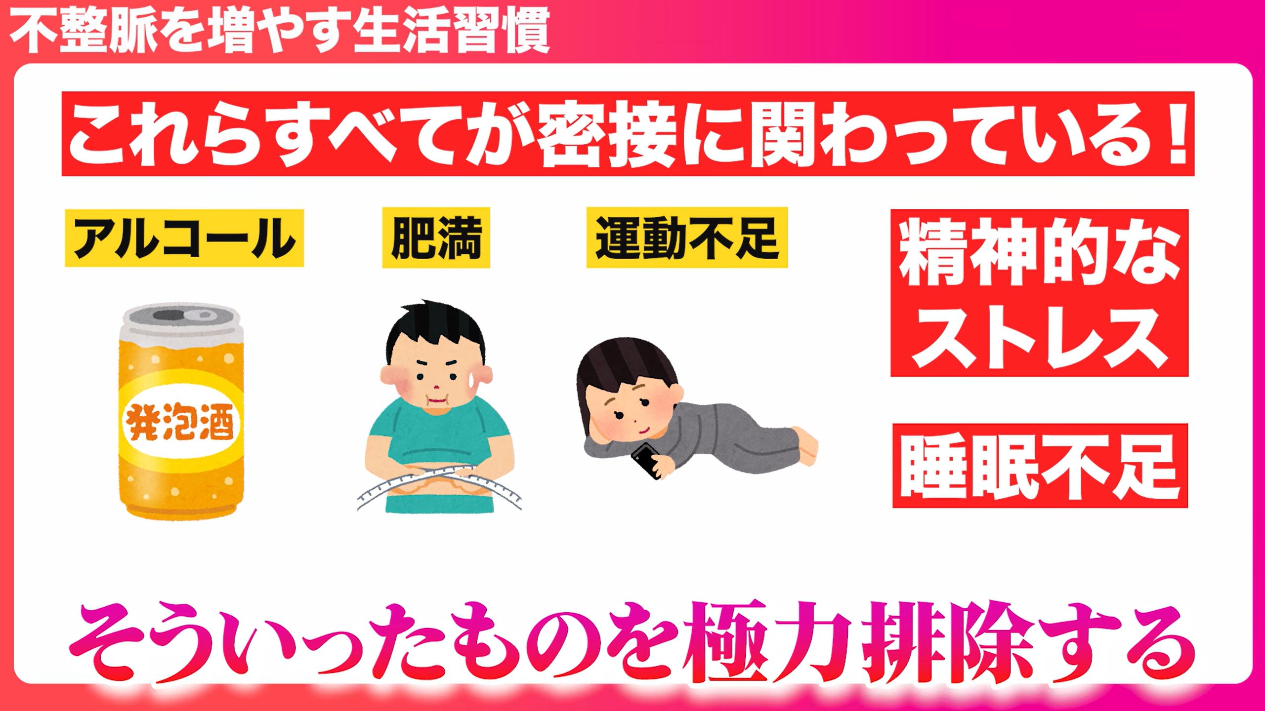 不整脈を増やす生活習慣(アルコール、肥満、運動不足、ストレス、睡眠不足)は排除する